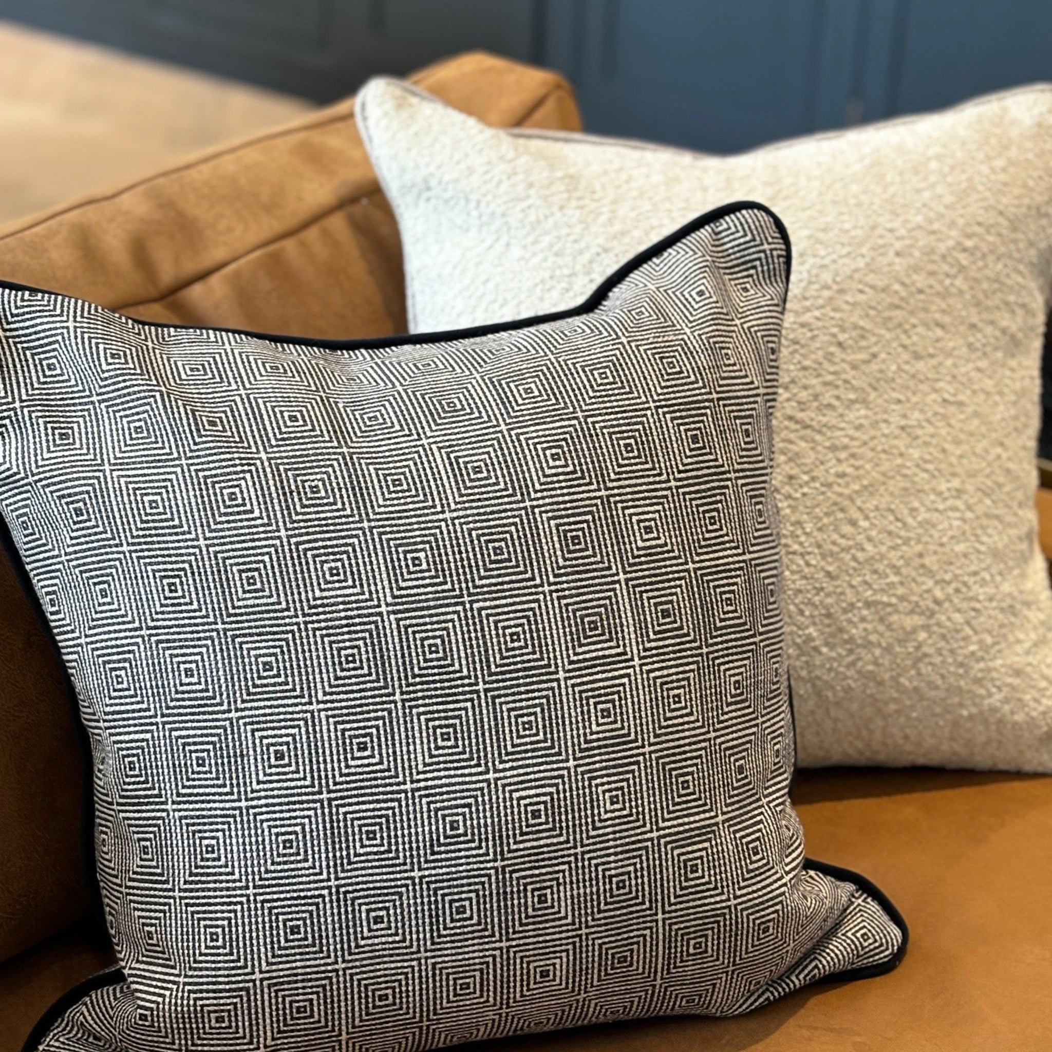 Black and White Geometric Patterned Cushion with Black Piping